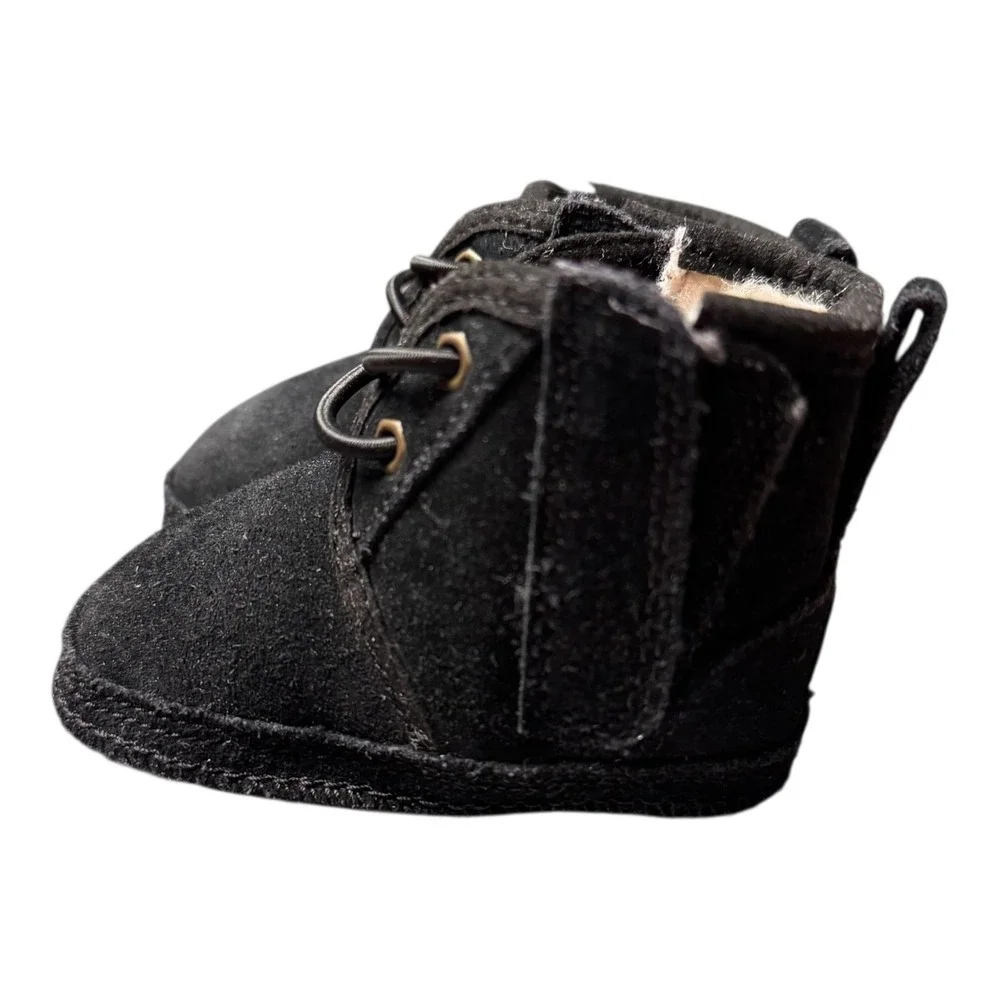 UGG Baby Neumel Black Suede Leather Shearling Lined‎ Lace Up Boots Shoes SU